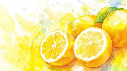 Vibrant watercolor illustration of whole and halved lemons with leaves on bright yellow and white wash background, conveying freshness, citrus flavor and artistic expression