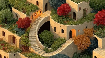 Winding stairs with houses with green roofs.