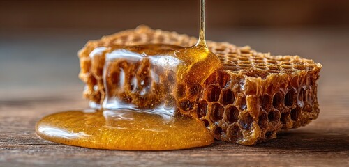Rustic honeycomb frame dripping with fresh honey