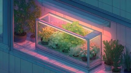 Window box with colorful plants, illuminated, in an urban setting