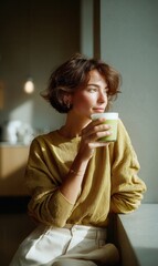 Woman sips matcha in airy cafe