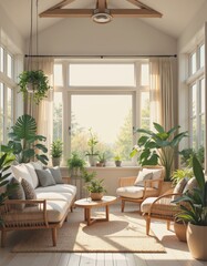 Fototapeta premium Bright sunroom filled with lush plants and cozy seating for relaxation