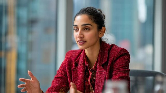 A confident individual passionately discusses innovative business strategies in a contemporary office environment. The conversation highlights key insights and ideas