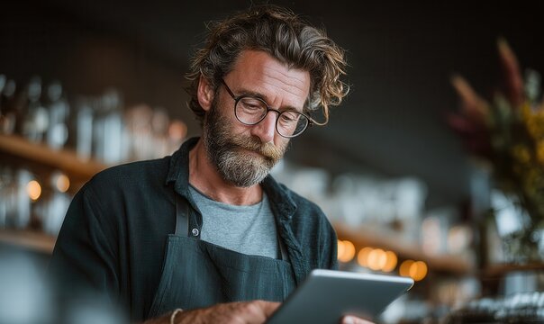 Man uses Tablet at Coffee Counter
