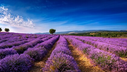 Fototapeta premium lavender fields with purple bushes under a serene blue sky