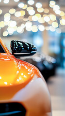 Sleek orange car's front fender and side mirror are prominently featured against blurred background of warm, shimmering bokeh lights. Perfect for automotive, luxury and technology themes