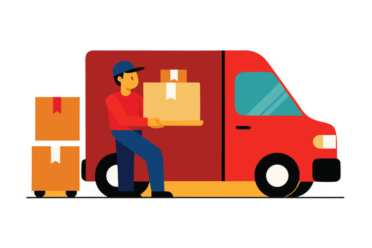 Red delivery van with man loading orange parcels delivery driver boxes