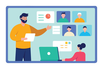 Teacher presenting online class with students on screen virtual meeting presentation