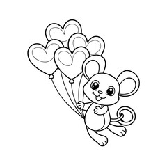 Printable Mouse Flying With Heart Balloons Outline
