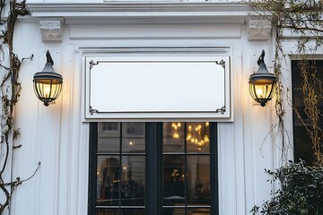 Elegant blank sign on a building facade, perfect for branding, advertising, or showcasing a restaurant or shop's name.