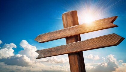 Fototapeta premium wooden signpost on blue sky background with sun and clouds