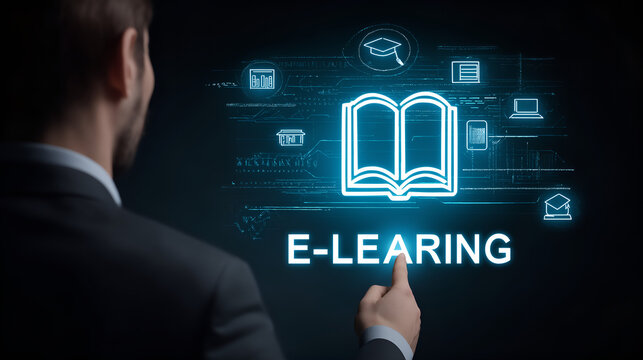 E-learning Platform: Businessman touching virtual screen with e-learning text and icon of book for online education.