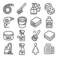 Car wash essentials collection, vehicle cleaning icons. auto care and maintenance set
