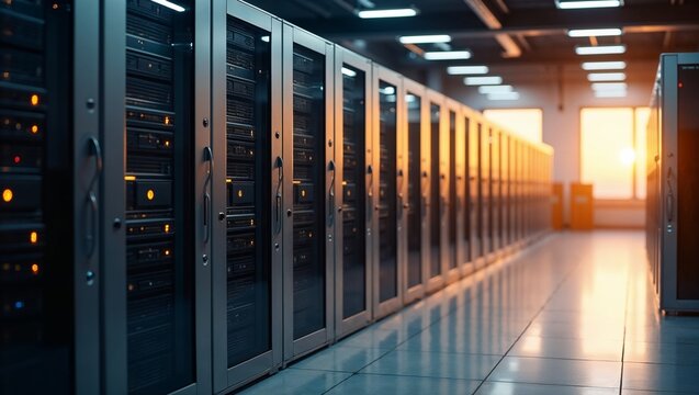 Data center server racks with sunset lighting, symbolizing technology and data storage