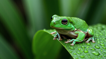 Naklejka premium Green tree frog on a wet leaf. A vibrant amphibian sitting on a leaf with water droplets.