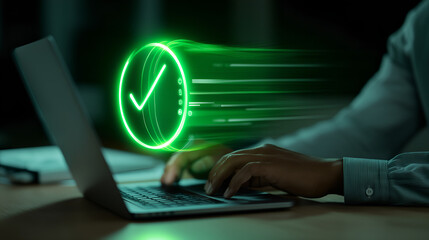 Digital Approval Process: An eye-level perspective of a person utilizing a laptop. A neon green checkmark symbol with speed effect appears on the screen.
