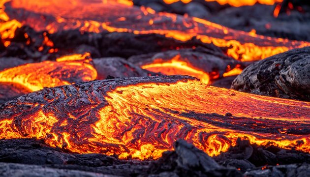 Molten lava flows across volcanic terrain