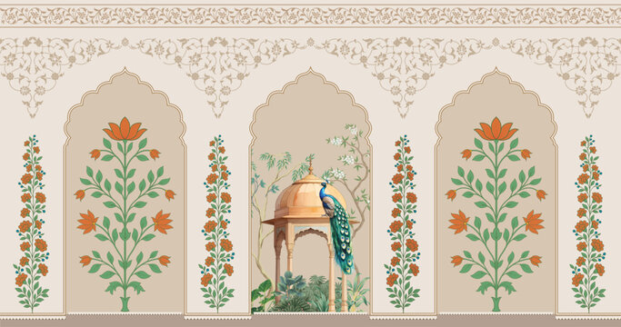 
Traditional Mughal garden wallpaper with flower wall design. Mughal Wall Mural Wallpaper for interior design.