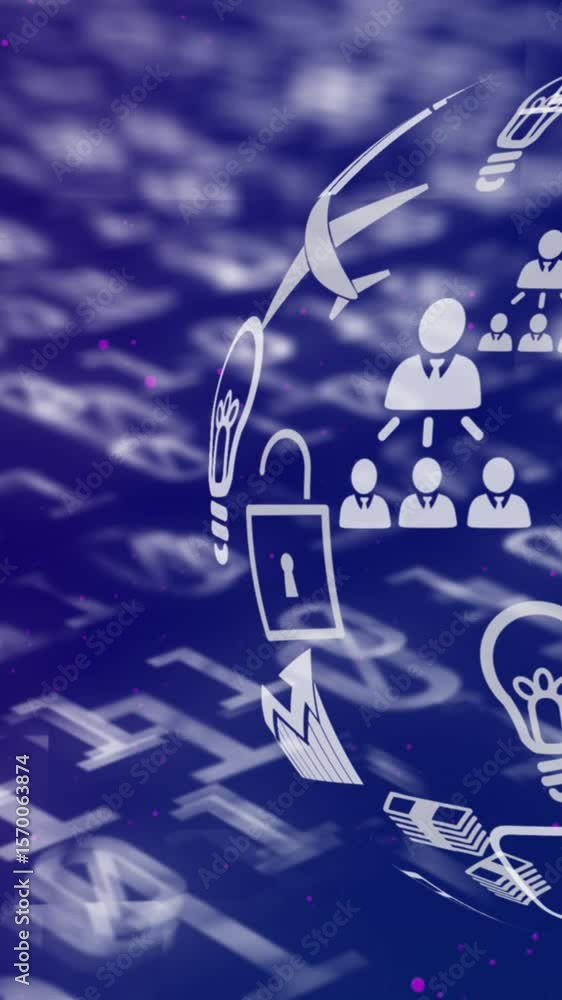 Poster globe of digital icons spinning against binary coding data processing on blue background