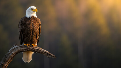 Bald eagle perched on a branch. A majestic bird of prey with a blurred background for copy space.