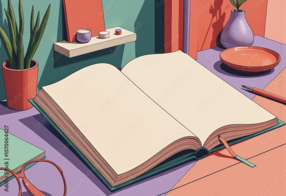 Poster open plain notebook with a soft cover resting on a colorful desk