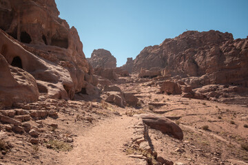 Outdoor Scenery of Archaeological Site of Sandstone Rock in Southern Jordan. Rocky Petra during Dry Sunny Day.