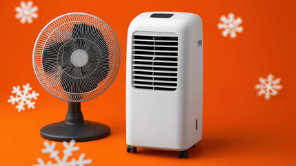 Portable air cooler and desk fan on vibrant orange background with snowflakes