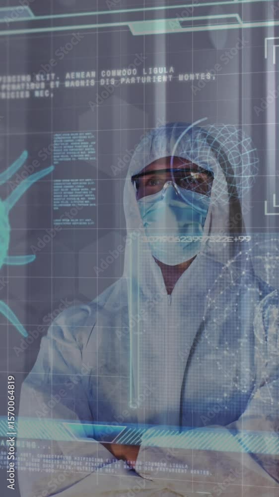 Poster animation of covid 19 data processing and man in ppe suit over computer servers