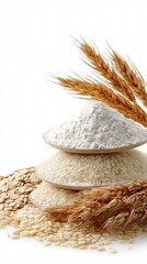 Assortment of flour, grains, and wheat on neutral background