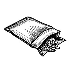 Seed-packet-sketch engraving of seeds spilling from an opened packet. This seed-packet-sketch illustration depicts seeds, ready for planting, in an open packet with hand-drawn details and shading.