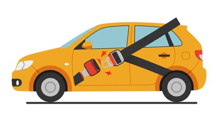 Seatbelt Safety First: Vibrant Yellow Car Secured with a Prominent Seatbelt, Illustrating Road Safety, Protection, and Accident Prevention Concepts.