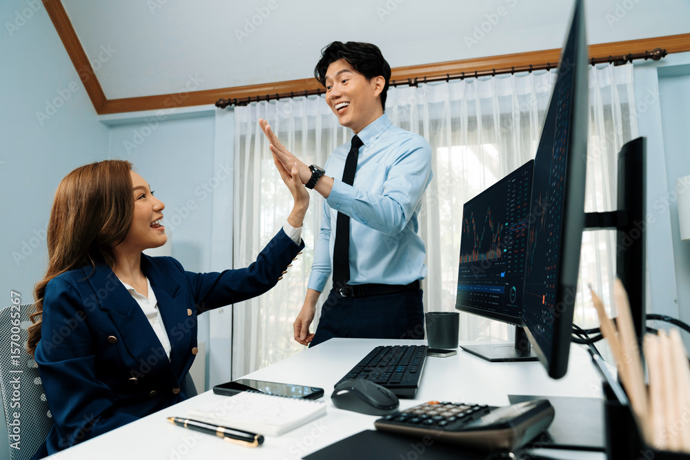 Poster smiling business partners making high five with profit upper stock market exchange with dynamic rate