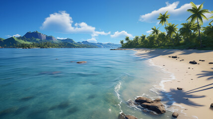 Fototapeta premium Clear tropical waters and palm-covered island under blue sky.