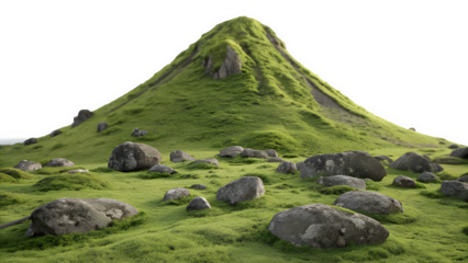 A vibrant, photorealistic image of a symmetrical, mossy mountain surrounded by scattered gray rock formations. The mountain dominates the scene, rising softly from a white background. The image is bri