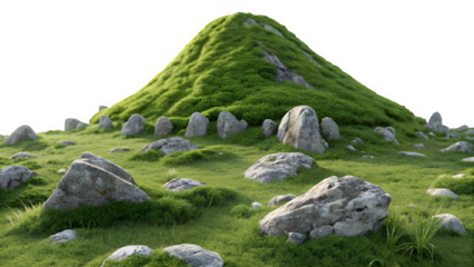 A vibrant, photorealistic image of a symmetrical, mossy mountain surrounded by scattered gray rock formations. The mountain dominates the scene, rising softly from a white background. The image is bri