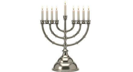Isolated Silver Menorah with Lit Candles