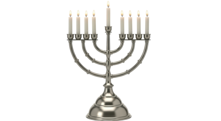 Isolated Silver Menorah with Lit Candles