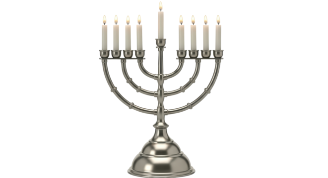 Isolated Silver Menorah with Lit Candles - Powered by Adobe