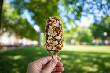 Hand holding almond-covered chocolate popsicle