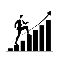 Businessman climbing bar chart, symbolizing success and growth, minimalist vector