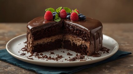 Chocolate Cake with Raspberries and Blueberries