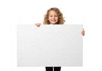 A young girl with curly hair holds a large blank white sign smiling towards the viewer happily today on transparent background