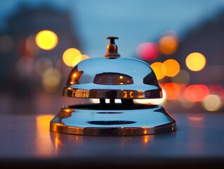 Stock photo of a shiny silver hotel service bell for assistance call at front desk