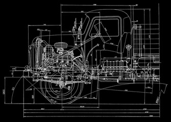 Chassis, engine, motor, wheel of car.
Engineering automotive mechanical drawing of steel 
device car body. Industrial cad scheme on paper sheet.  Technology design of machine building industry. 