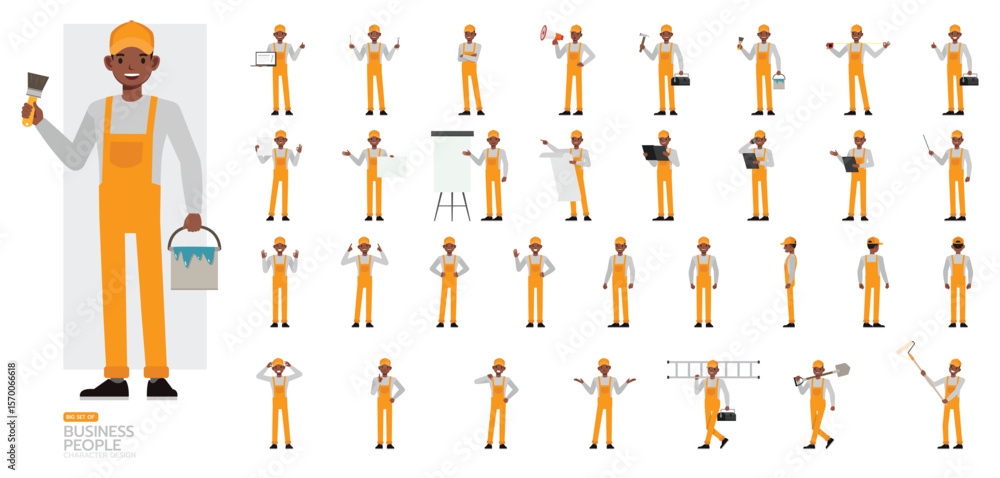 Poster big set of general maintenance and handyman service character vector design. man working and present
