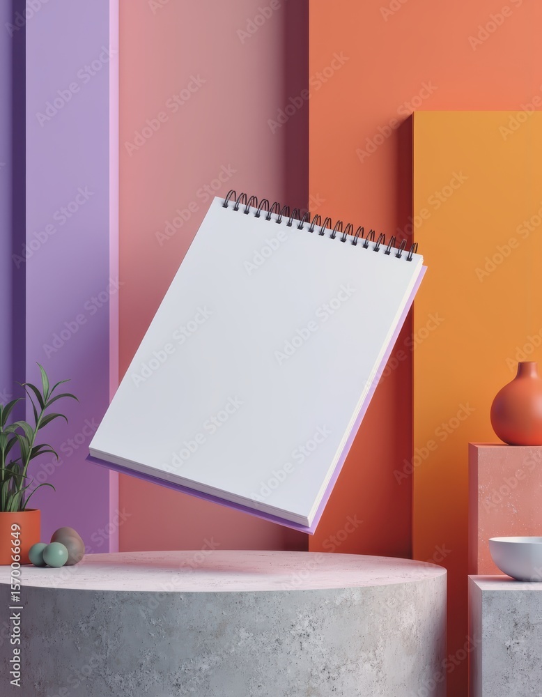 Poster blank spiral notebook gently floating above a colorful table