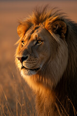 Obraz premium Vertical portrait of a male lion at sunset. Majestic wild cat in the golden light of the African savanna.