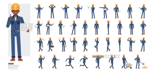 Big Set of Male worker wearing blue jumpsuit working character vector design. Man working and presentation in various action.