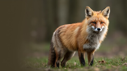 Obraz premium Red fox standing in a grassy field. Portrait of a wild fox looking at the camera with a blurred background.