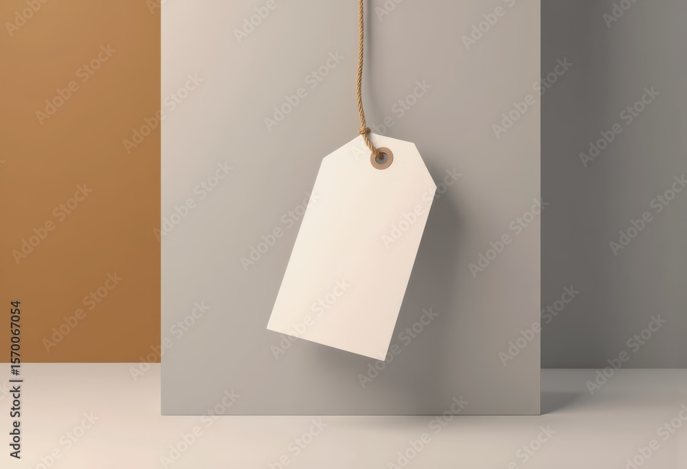 Poster blank shopping tag hanging from a string against a minimalist background